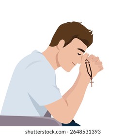 Homem Profundo em Oração com Rosário Contas. Ilustração de vetor plano isolada no plano de fundo branco