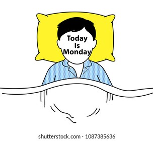Hombre profundamente durmiendo con almohada suave en la cama el lunes por la mañana 