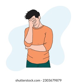 a man is deep in thought by bowing his head