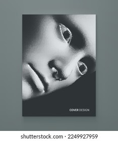 Man deep in thought and looking down. Illustration of an man's face created from small particle. Pixel art. 3D vector design for banner, flyer, poster, cover or brochure.