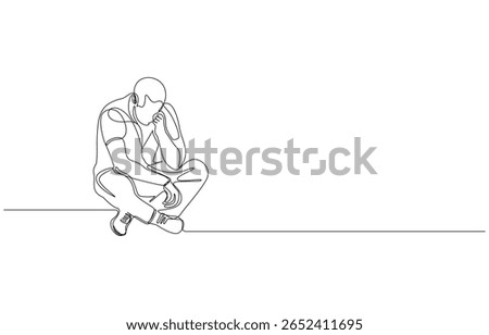 Man in deep thought sitting on the floor - continuous line art ,National Singles Day continuous line art 