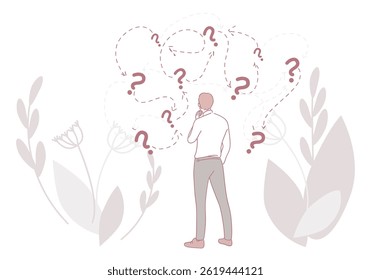 A man deeply contemplating important decisions while surrounded by beautiful floral designs and floating question marks