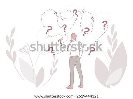 A man deeply contemplating important decisions while surrounded by beautiful floral designs and floating question marks