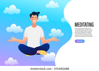 Man deeply meditating, doing breathing yoga exercises alone. healthy lifestyle, stylized vector illustration.