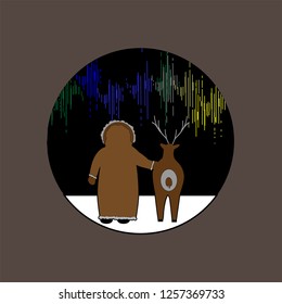 a man with a deer looks at the northern lights at night
