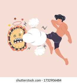 The man defeated coronavirus or covid-19. Vector cartoon character illustration icon design.
