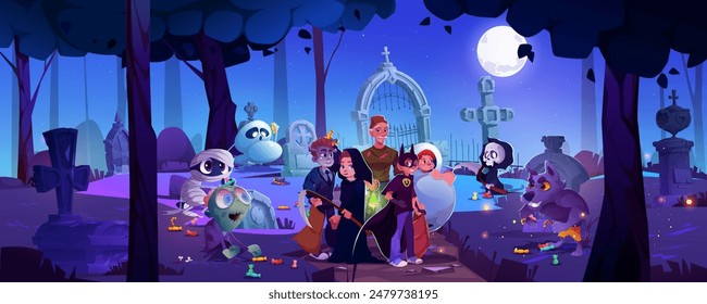 Man defender and children on graveyard at Halloween background. Adult wizard with kids near spooky grave in forest with moonlight at nighttime. 2d dark landscape with tomb, zombie and scary animal