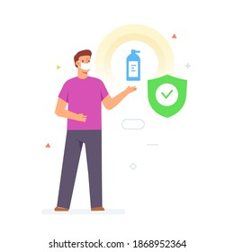 man defends himself against the virus, illustration. Quarantine, virus, protection, medicine. Landing page site print poster Eps vector