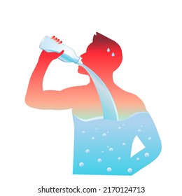 Man with dehydrated body drinking water from bottle flow into body. dehydration and hydration Illustration