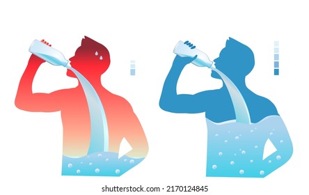 Man with  dehydrated body  drinking water from bottle flow into body with water scale. dehydration and hydration Illustration