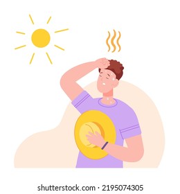 Man Dehydration From Heat. Exhausted Cartoon Person Summer Heated Weather, Sweating People Hot Burn Sunny, Illness Dizzy From Sun Sweaty Guy In Sunlight Day, Vector Illustration Of Summer