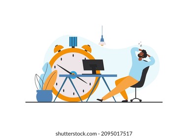 Man delay tasks. Guy sits on background of clock, metaphor of procrastination. Lazy employee sitting in office. Lunch break and relaxation time, rest, burnout. Cartoon flat vector illustration