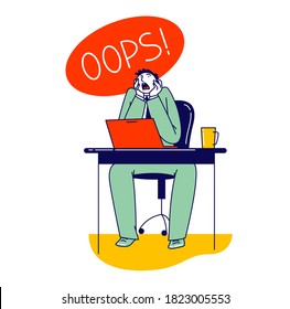 Man Deleted Important Information from Computer by Mistake, Stupidity. Shocked Male Character Yelling Oops and Holding Head Sitting at Working Place front of Laptop Screen. Linear Vector Illustration