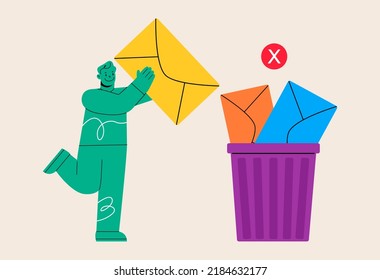 Man Deleting Data And Move Unnecessary Files To Trash Bin. Cleaning E-mail, Remove Spam.  User Deleting Email To Waste Bin. Vector Illustration
