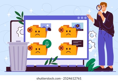 Man deleting data. Young guy with magnifying glass examines folders with documents on laptop. File management and freeing up space on server, hard drive. Flat vector illustration