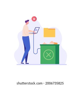 Man deleting files from laptop to trash can. User removing folder with document to waste bin. Concept of delete file, cleaning computer, removing process. Flat vector illustration for UI, website