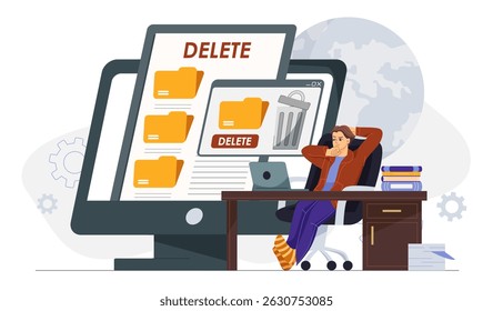 Man deleting files. Young guy deletes folders with files. Storage space management. Electronic archive or server. Person cleaning hard disc. Flat vector illustration