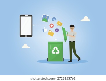 Hombre borrando datos de teléfonos inteligentes en la papelera de reciclaje. Hombre vaciando archivos digitales, Fotos, me gusta y mensajes de teléfonos inteligentes en un contenedor de reciclaje verde que simboliza la limpieza digital. Ilustración vectorial