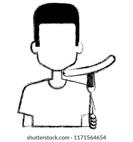 man with delicious sausage in fork