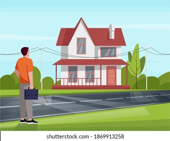 Man delighted by renovated house with new windows semi flat vector illustration. Cozy and welcoming two-storied building. Nice weather. Green bright environment 2D cartoon scene for commercial use