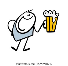 Man is delighted holding  large glass mug of cold beer with foam and anticipating alcoholic drink. Vector illustration of funny boy and entertainment at  holiday. Isolated on white background.