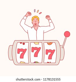 A man is delighted with the jackpot. hand drawn style vector design illustrations.