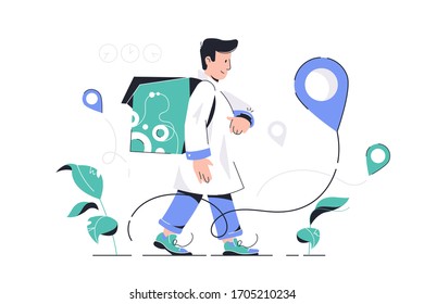 Man deliver food with backpack vector illustration. Wristwatch with notification on persons hand flat style. Location with addresses. Isolated on white background