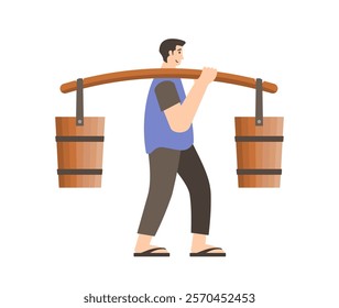 Man deliver water using traditional wooden bucket