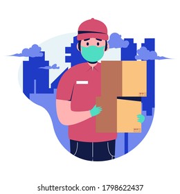 Man delivered the parcel. Courier with a cardboard box. Parcel Delivery Service in the city. Flat design vector illustration