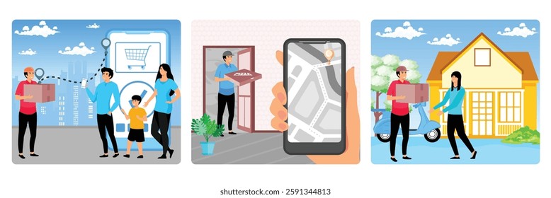 Man delivering a cardboard box to a happy cheerful family standing next to their smart phone. Pizza delivery person arriving at a door. Young delivery man or courier delivering a package or box.