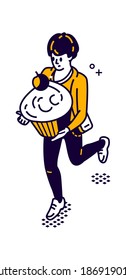 Man delivering food, isometric vector illustration, man carries a large muffin, cake in his hands