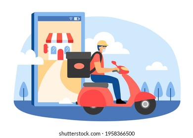 Man delivering food safely during pandemic. Flat style illustration delivery man wearing protective face mask with heater backpack riding on motor bike, going for food delivery.