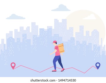 Man delivering the food is walking through the city. Fast food courier service concept. Urban landscape and delivery man with box, illustration.