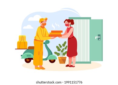 Man delivering food while wearing a medical mask Illustration concept. Flat illustration isolated on white background.