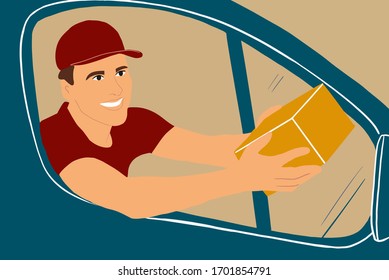 Man delivering goods to the customers on a cargo vehicle, handsome courier looking out the car window with a parcel. Colorful vector illustration in flat cartoon style
