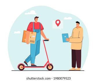 Man delivering goods vector illustration. Young male character on scooter. Deliveryman holding cardboard box. Delivery concept for banner, website design or landing web page