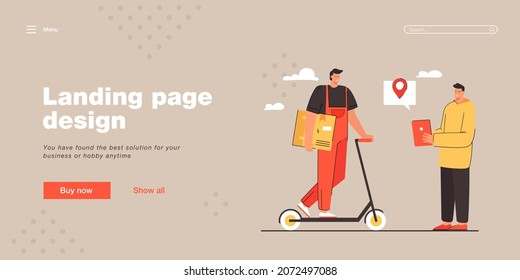 Hombre entregando ilustración vectorial de bienes. Personaje masculino joven en moto. Entrega el hombre con la caja de cartón. Concepto de entrega para banner, diseño de sitio web o página web de aterrizaje