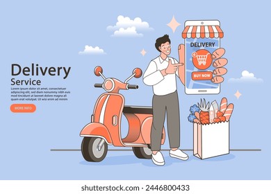 Man Delivering with Grocery order. Online shopping. Ecommerce concept. Online delivery service concept. Fast delivery via mobile phone. Smartphone marketing and e-commerce. Vector outline illustration