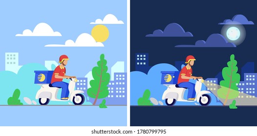 Man Delivering to a home on scooter. Day Night Delivery Service, 24/7 delivery, Food Delivery 