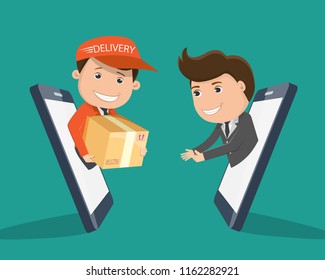 Man Delivering Online with box from smart phone. Man Delivering giving a package box out of smart phone. Delivery concept - vector illustration 