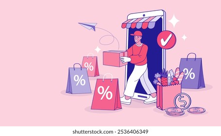 Man Delivering Online with Grocery order from smart phone. Fast delivery package by mobile phone. Concept of mobile digital marketing and e-commerce. Online shopping with character. Flat vector