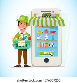 Man Delivering Online With Grocery Order From Smart Phone. Delivery Concept - Vector Illustration