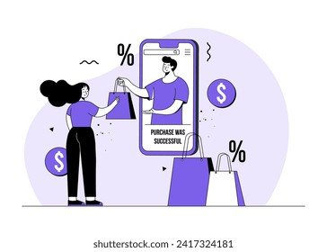 Man delivering online order, Online shopping flat illustration vector concept, Special offer, discounts, E-commerce, Digital store, E-shop, online store, delivery