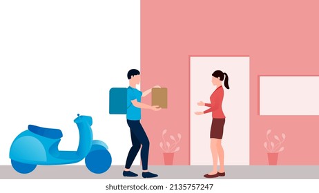 hombre entregando paquete al cliente con scooter, ilustración de vector de negocio de entrega sobre fondo blanco. 