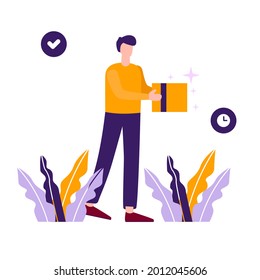 un hombre entregando un paquete, ilustración plana