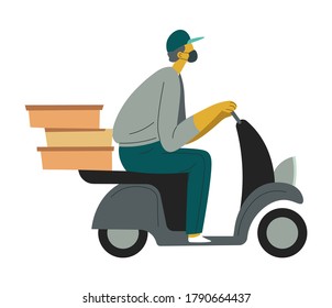 Man delivering packages and boxes for clients on coronavirus quarantine, isolated male character driving scooter. Service of food delivery, online shopping and transportation vector in flat style