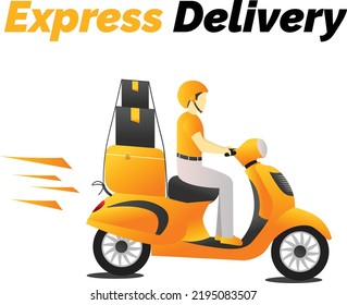Man delivering packages on scooter. Delivery service man vector illustration. Courier service illustration.