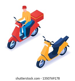 Man delivering pizza on scooter. Isometric vector illustration