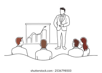 Man delivering a presentation to a captivated group, emphasizing interaction and focus isolated continuous line art flat vector illustration on white background.