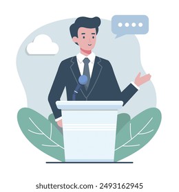 A Man delivering a speech simple flat design vector style Illustration